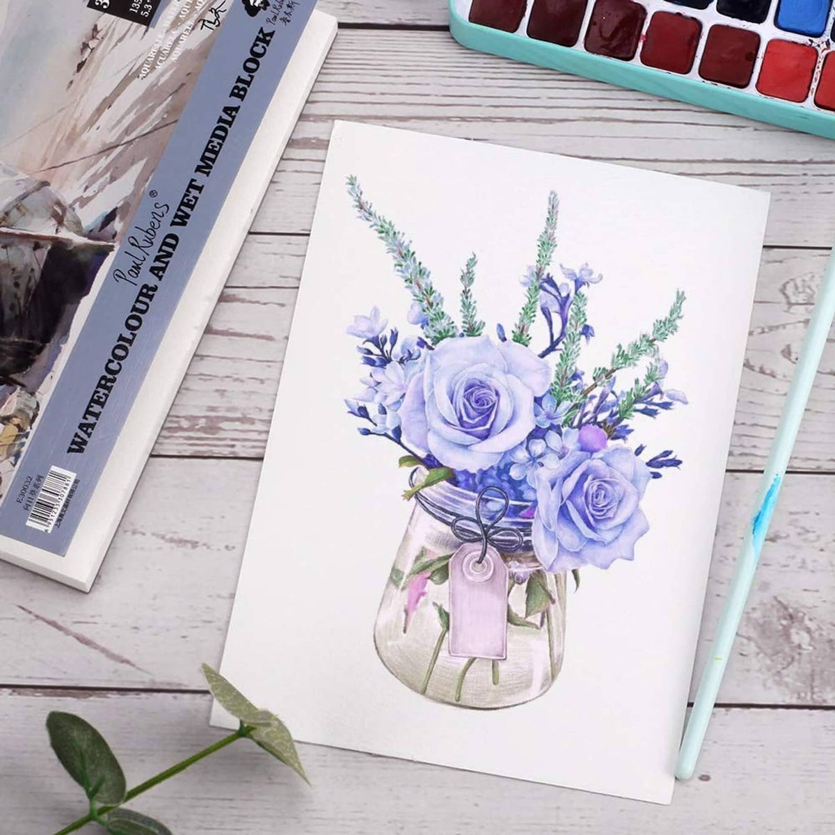 Lavender floral bouquet watercolor on white paper sheet with jar vase
