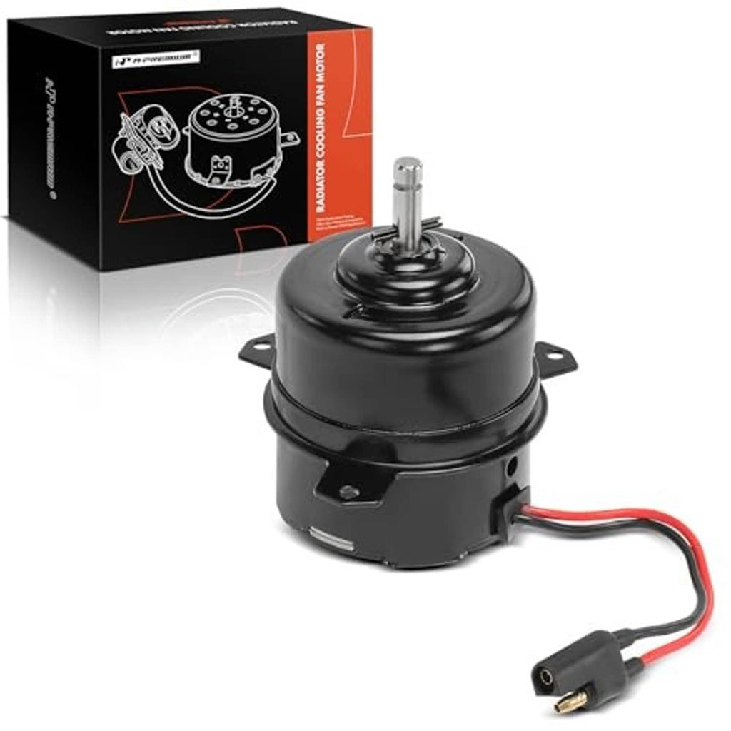 Radiator fan motor with black housing, mounting tabs, and attached red wire lead