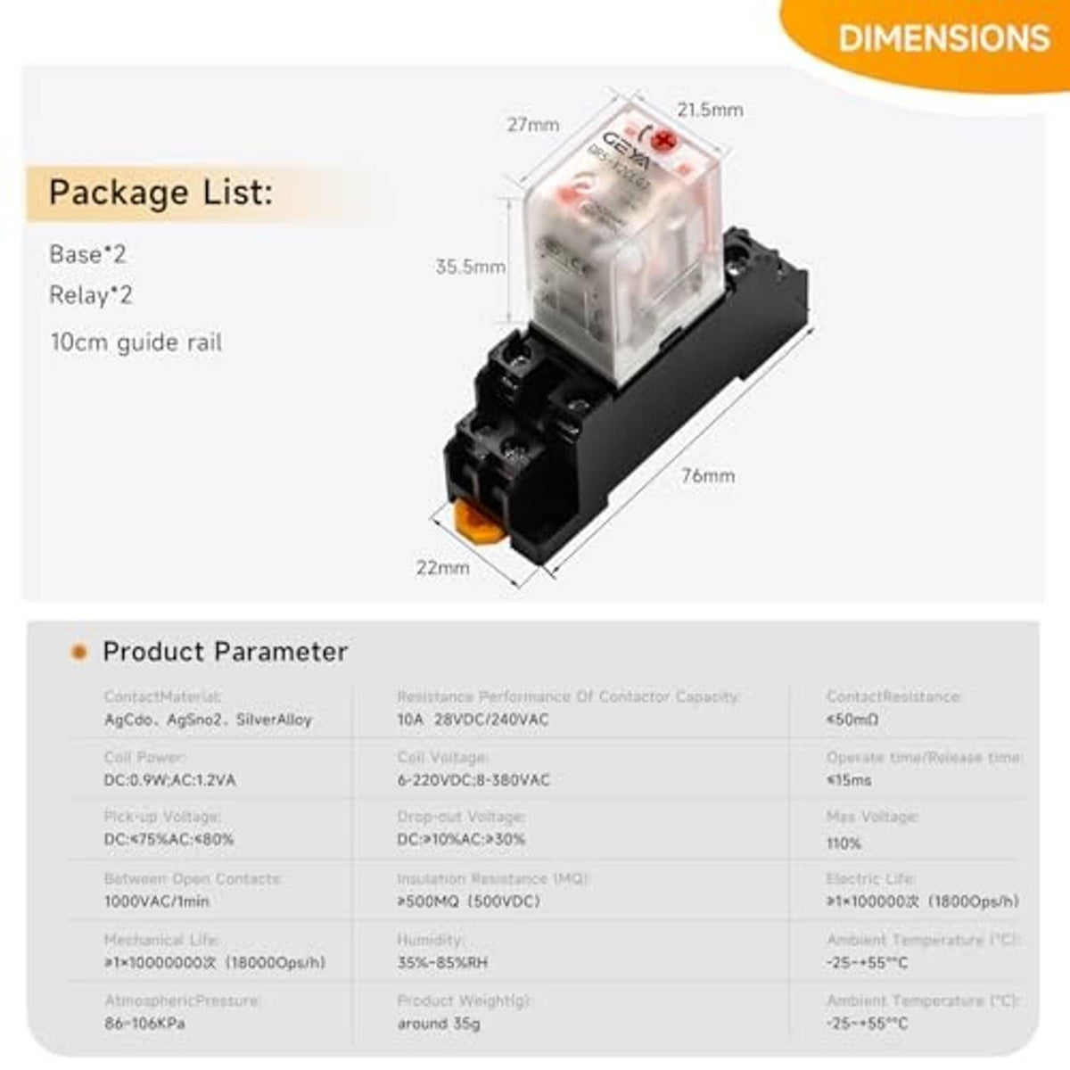 Electromagnetic relay base with clear top, shown with dimensions and package list