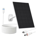 Black solar panel kit with white wall mount bracket, coiled cable, and DC connector