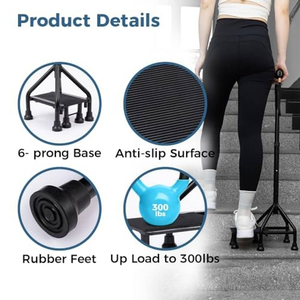Black anti-slip stair-climbing cane with ribbed base surface, rubber feet, and foam grip