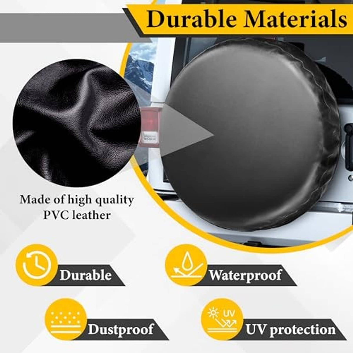 Black waterproof PVC spare tire cover with visible leather-texture surface.