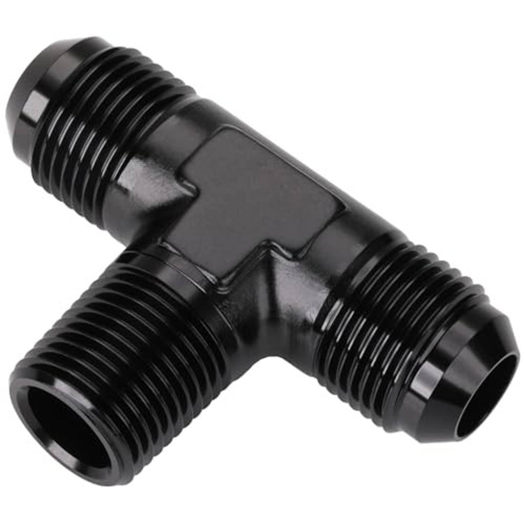 Black AN flare tee fitting, three male threaded outlets with 1/2NPT side branch