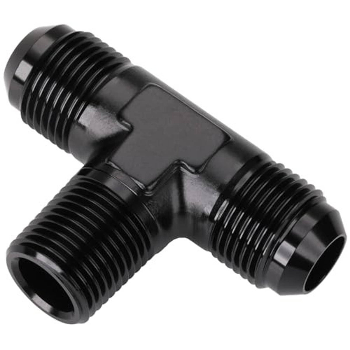 Black AN flare tee fitting, three male threaded outlets with 1/2NPT side branch