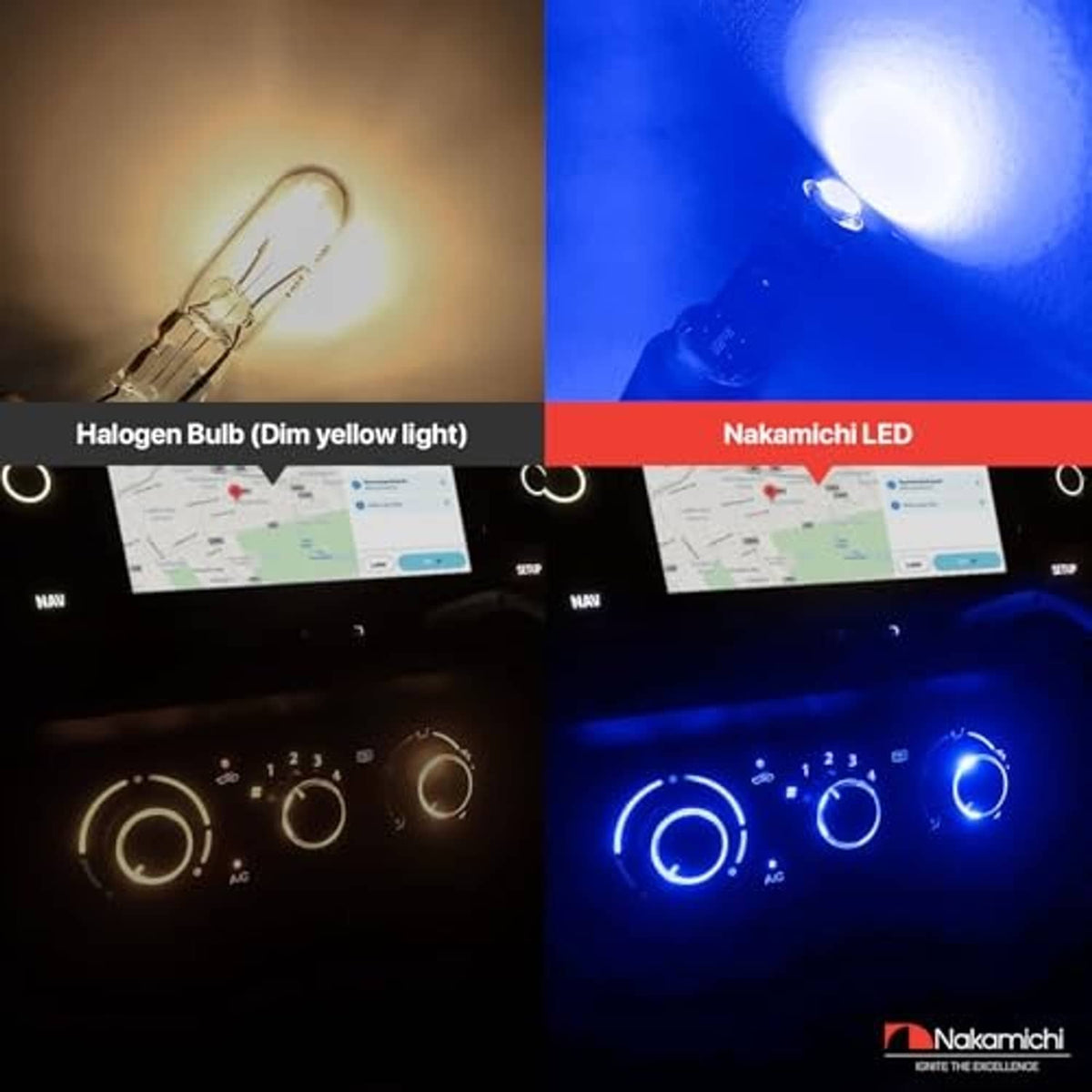Neon blue T5 LED instrument bulbs glowing with bright headlight-style beam