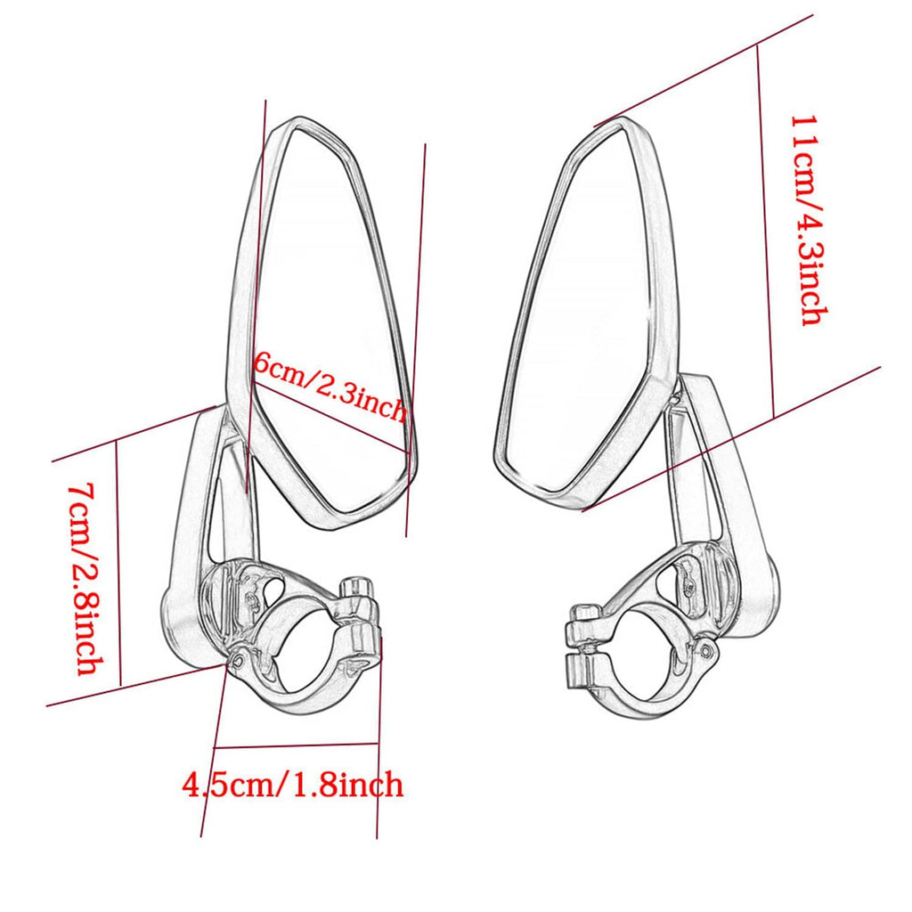 Universal motorcycle bar-end rearview mirror dimensions diagram with L-shaped mounting bracket