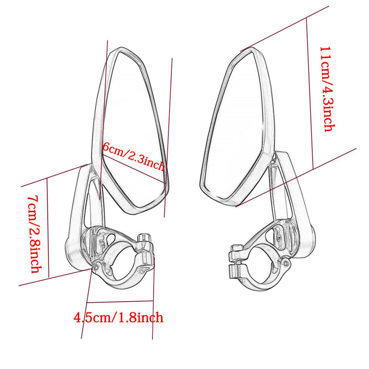 Universal motorcycle bar-end rearview mirror dimensions diagram with L-shaped mounting bracket