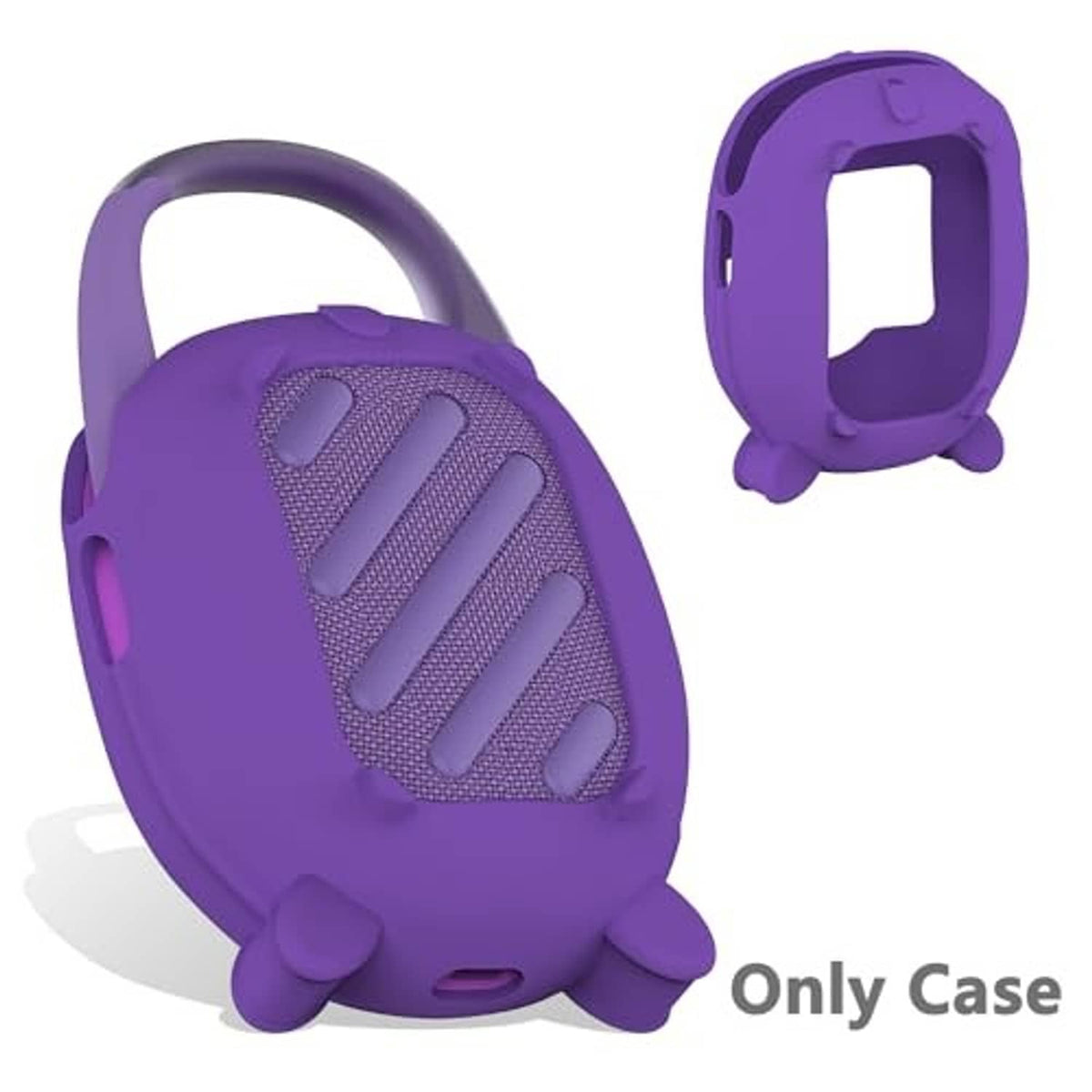 Purple silicone speaker cover with orange trim and fabric-grille protection