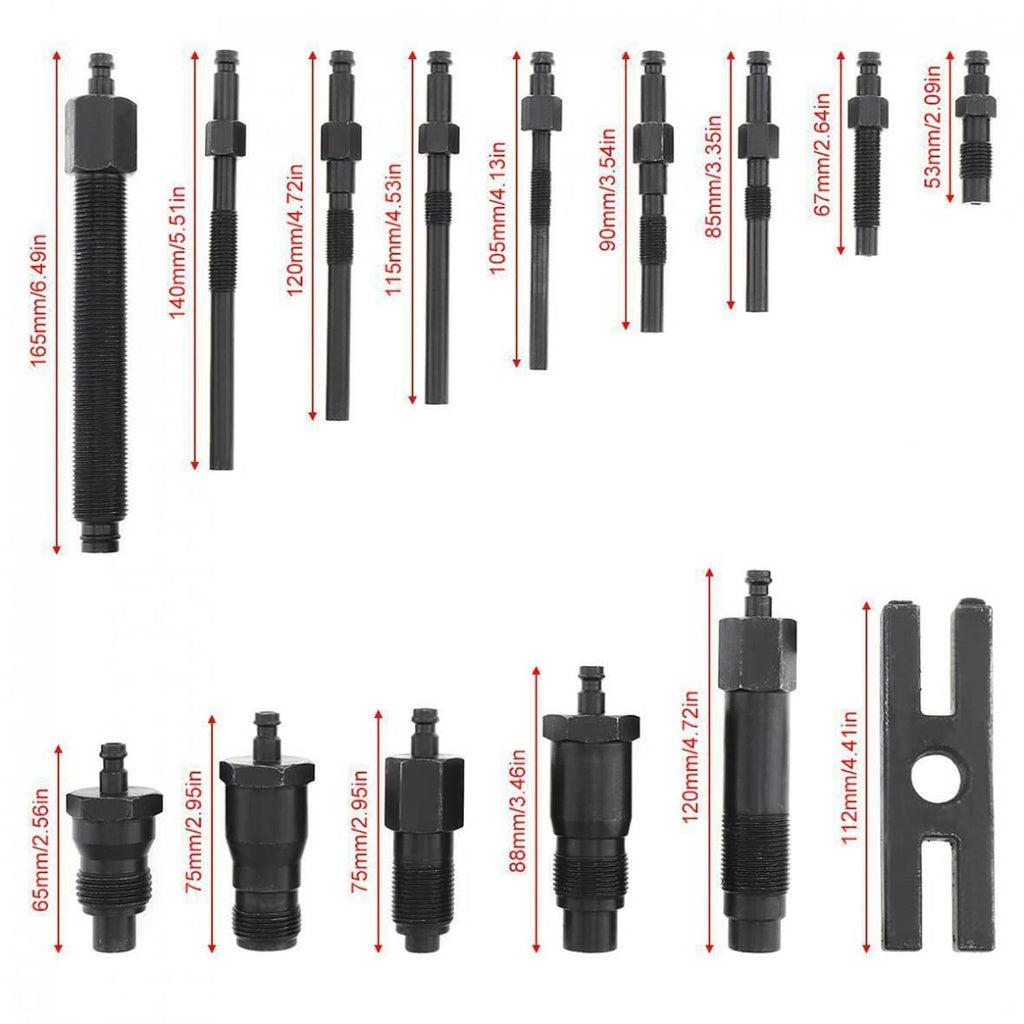 Diesel compression tester adapter set with labeled lengths on tool parts