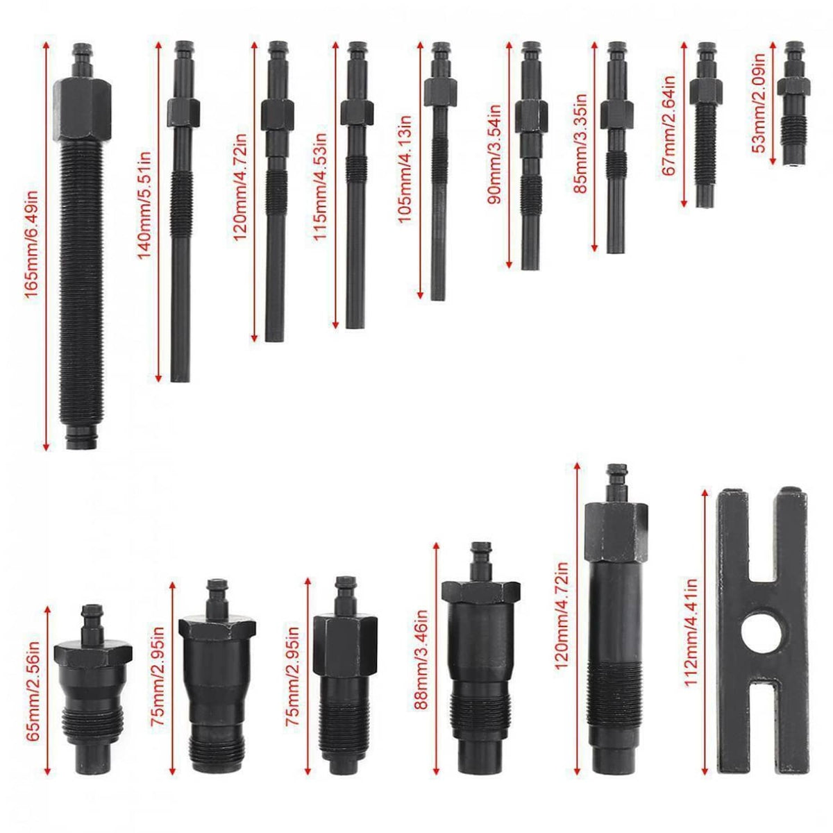 Diesel compression tester adapter set with labeled lengths on tool parts