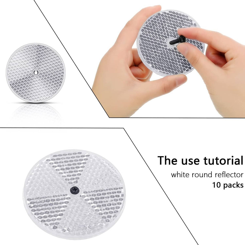 Round white reflective disc with textured face and center screw hole, held by hand