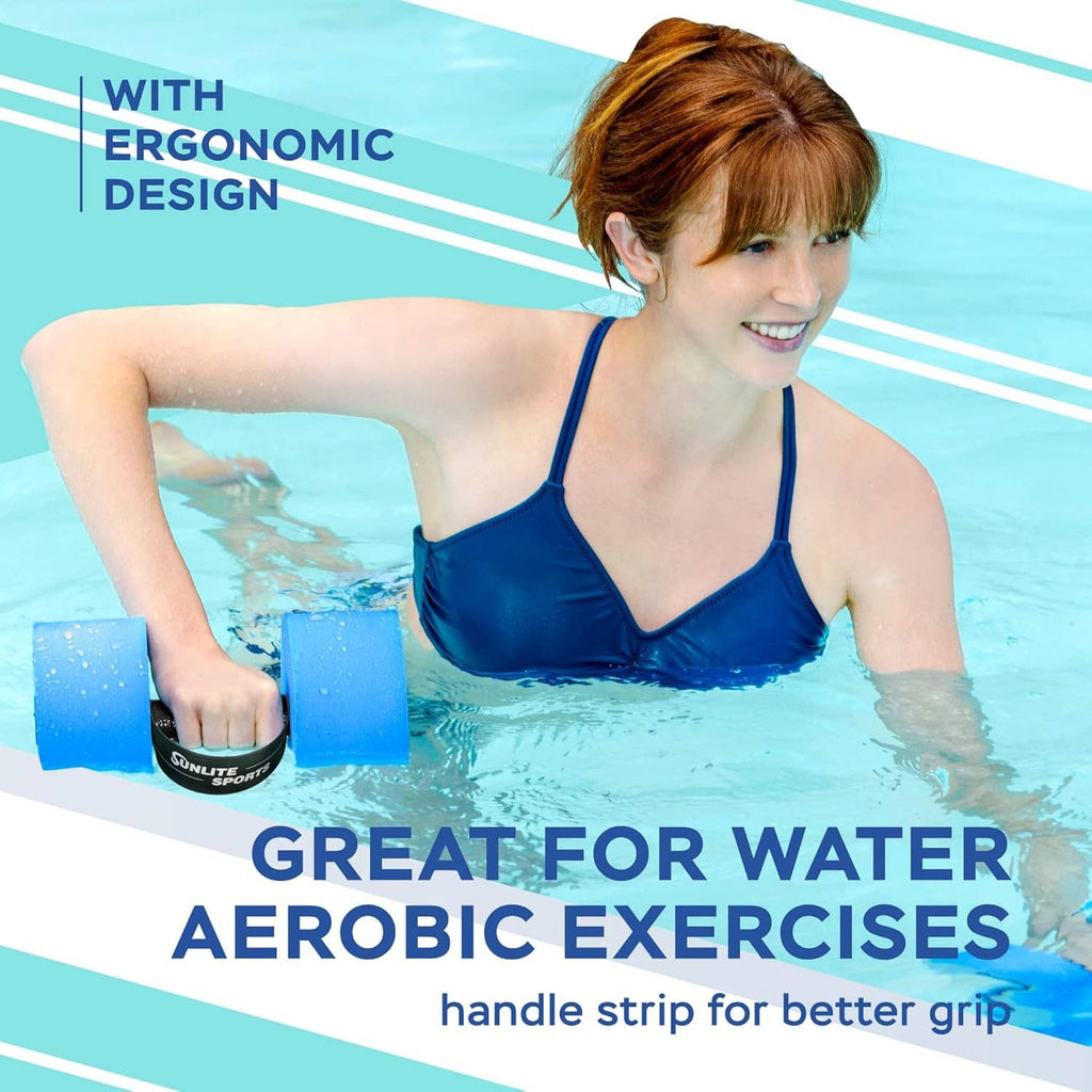 Blue foam water dumbbell with black ergonomic handle strap for better grip