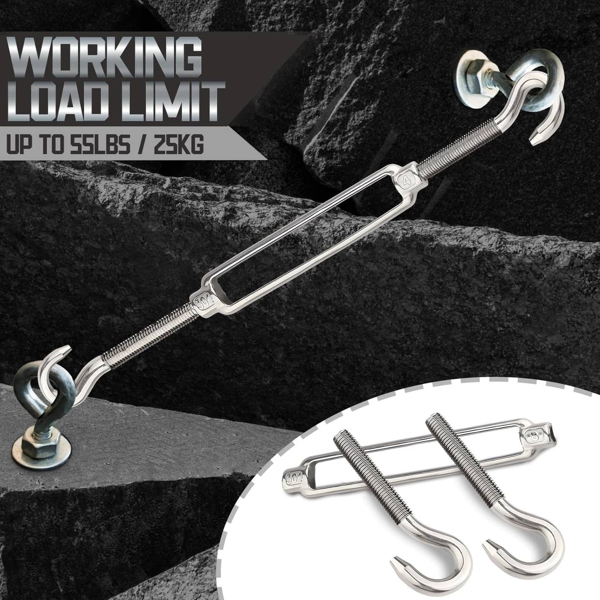 Stainless steel M4 turnbuckle with curved hooks and chain loop, adjustable threaded rod