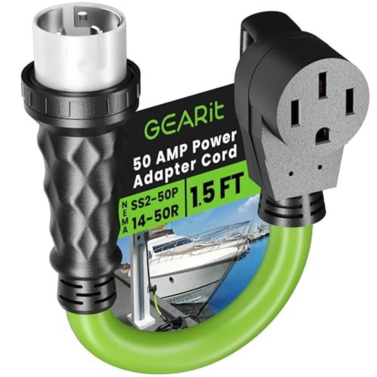 Green power adapter cord with SS2-50P male plug and 14-50R female outlet connector