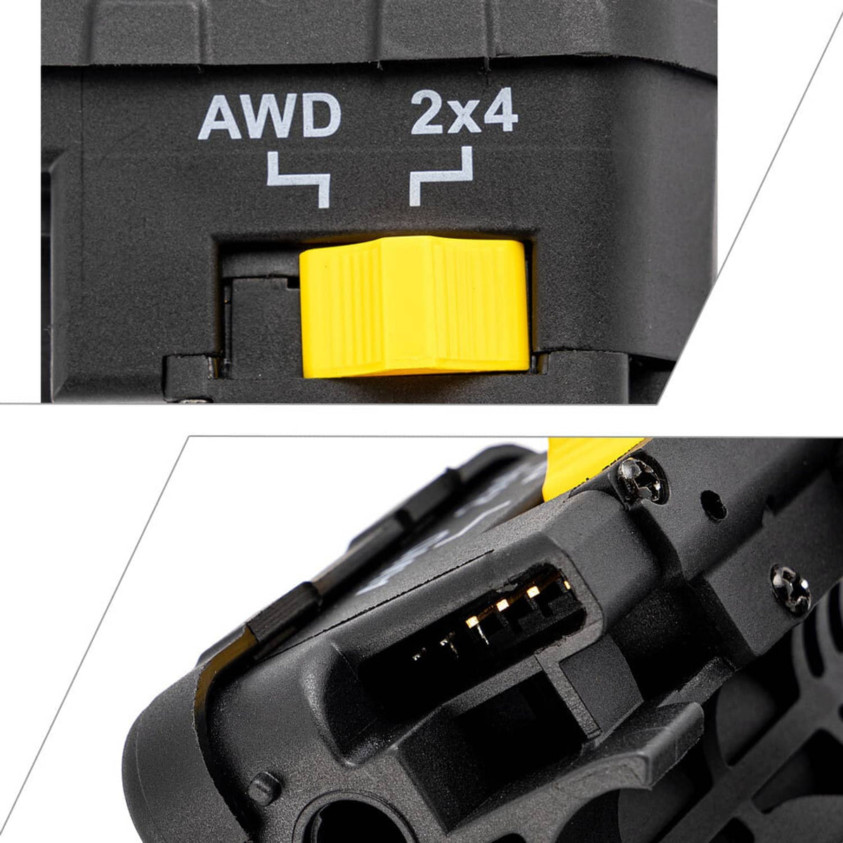 Close-up of thumb throttle lever showing AWD and 2x4 icons with yellow button