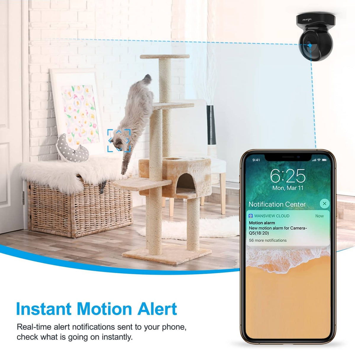 Black security camera with wall-mount bracket and front lens, connected setup