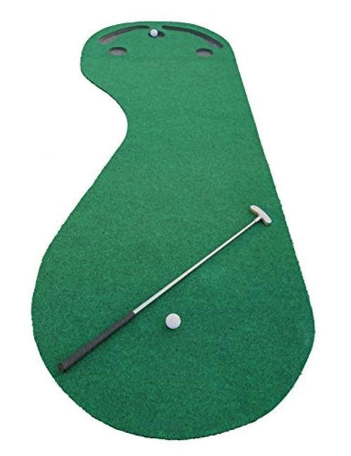 Dark green oval golf putting green mat with a metal putter track and cup holes