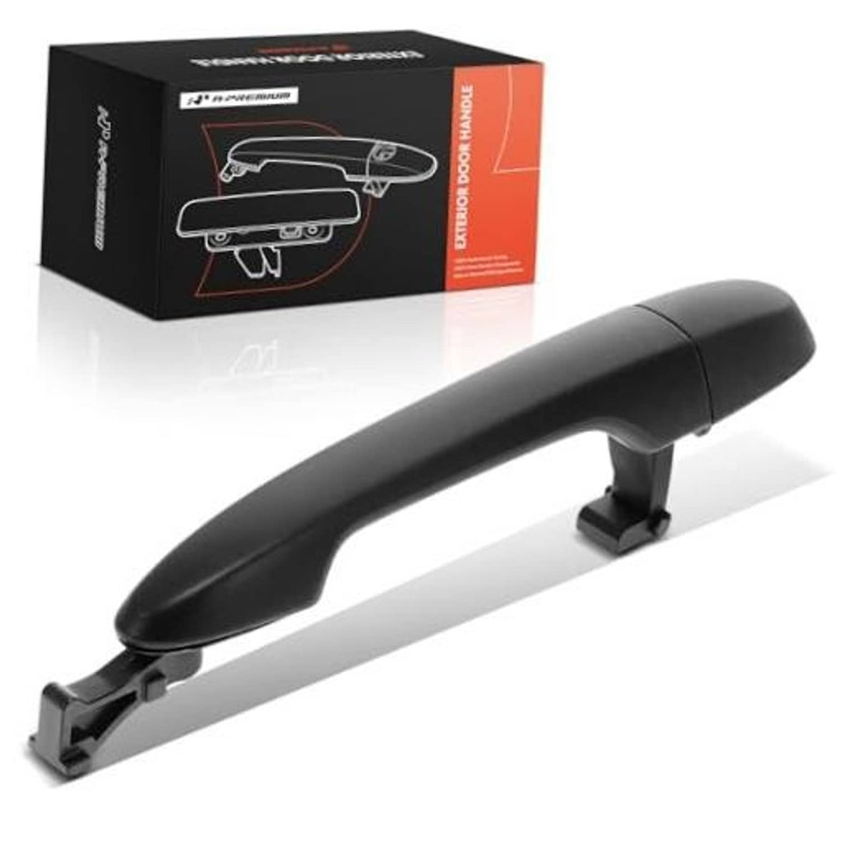 Black front passenger side exterior door handle, curved lever with mounting bracket