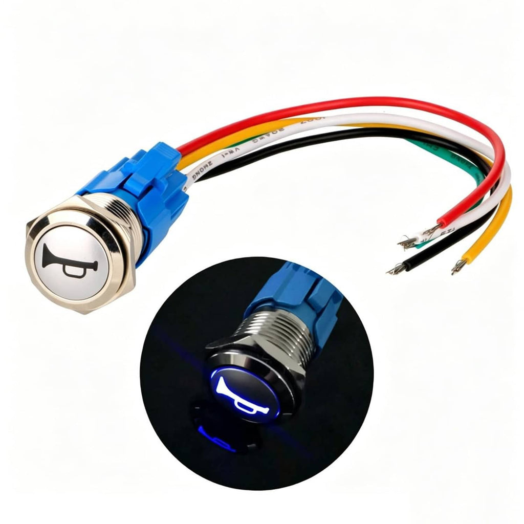 Momentary speaker horn push button with silver metal face and blue wiring connector