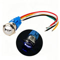 Momentary speaker horn push button with silver metal face and blue wiring connector