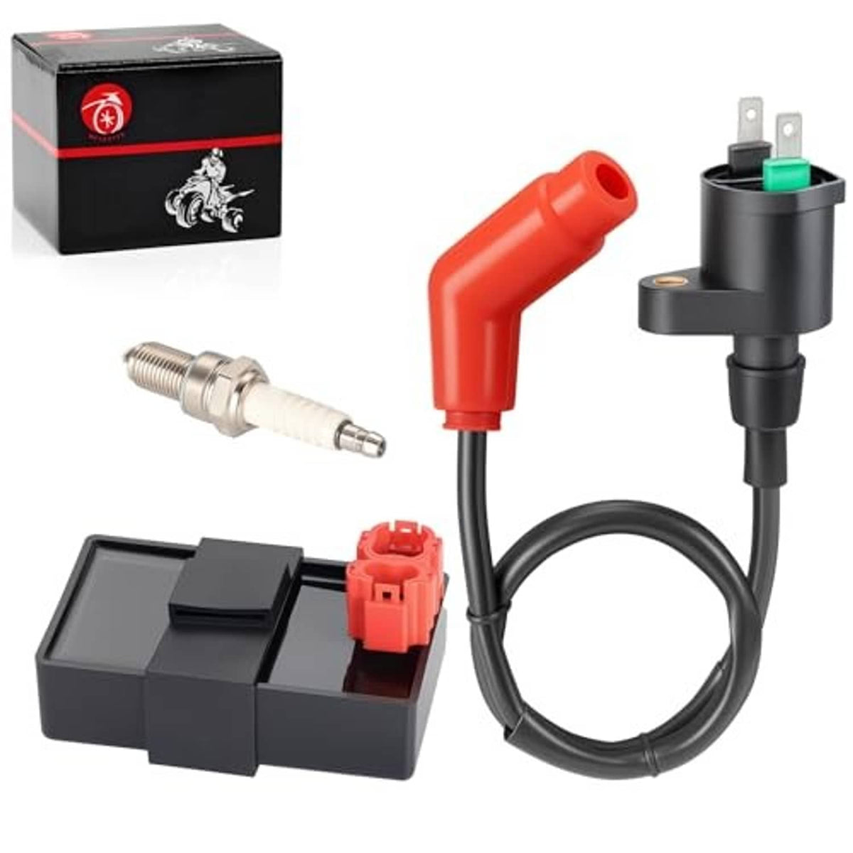 Ignition coil and CDI box set with red spark plug boot, black housing, and cable