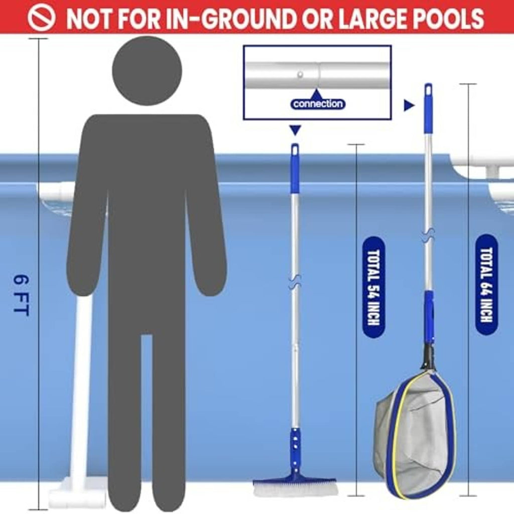 Swimming pool cleaning set with telescopic pole, blue brush head, and leaf net