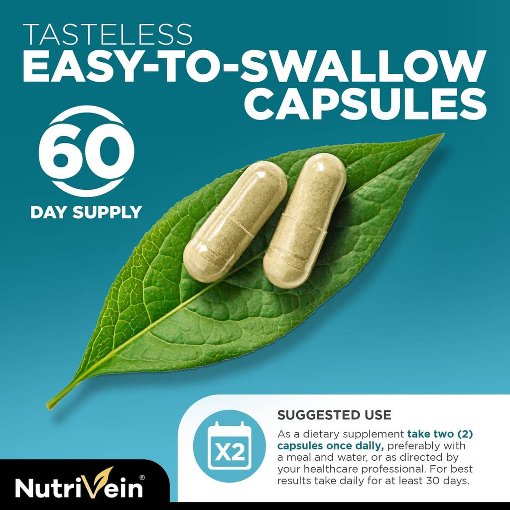 NutriVein Sea Moss capsules on green leaf graphic, easy-to-swallow, 60 day supply