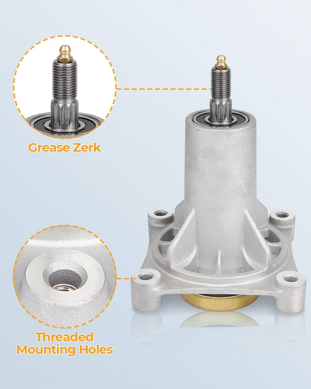Silver spindle assembly with grease zerk and threaded mounting holes for bolts.