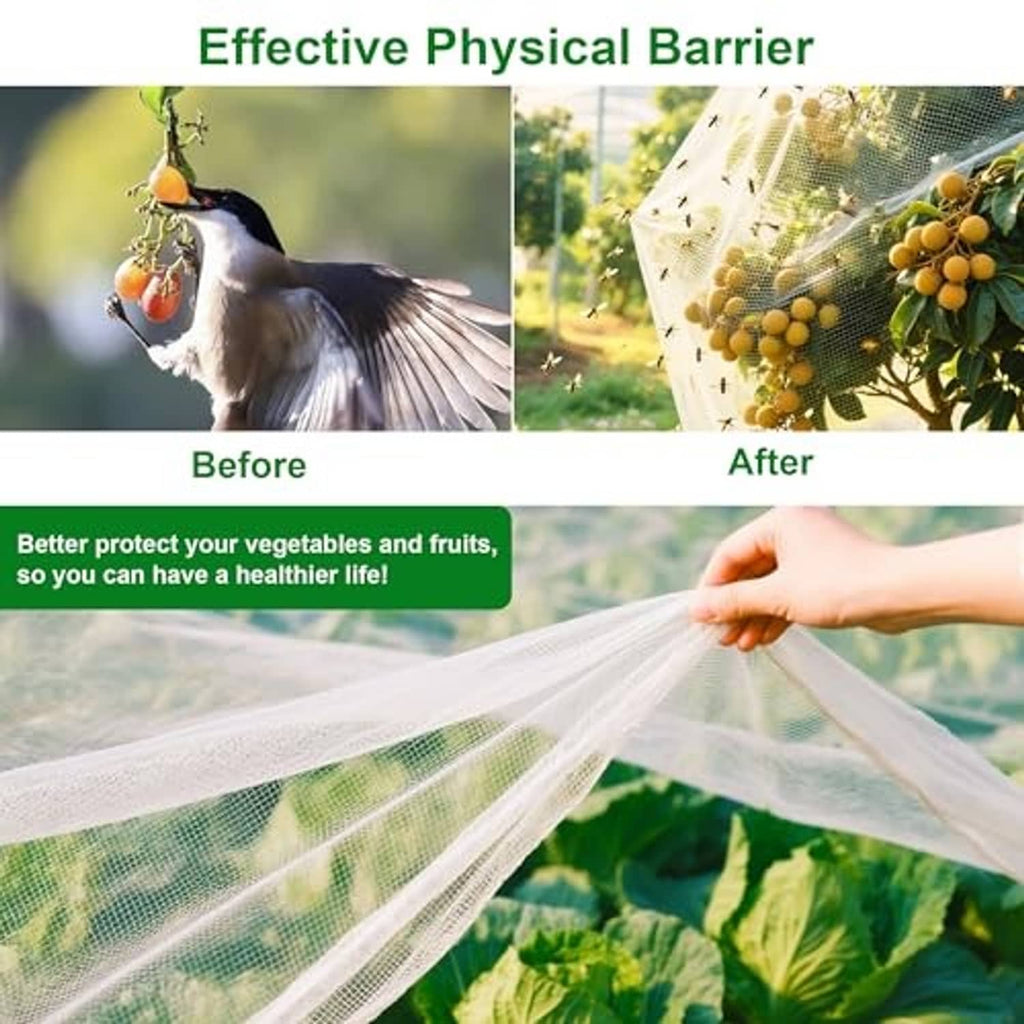 White garden netting sheet forming a protective cover over fruit and vegetables
