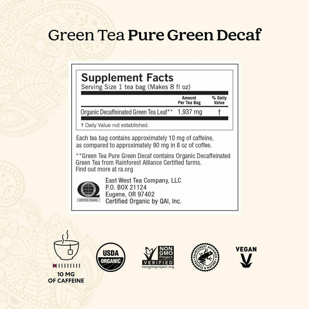 Green tea pure green decaf supplement facts panel on Yogi box