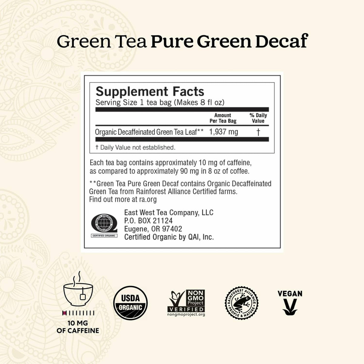 Green tea pure green decaf supplement facts panel on Yogi box