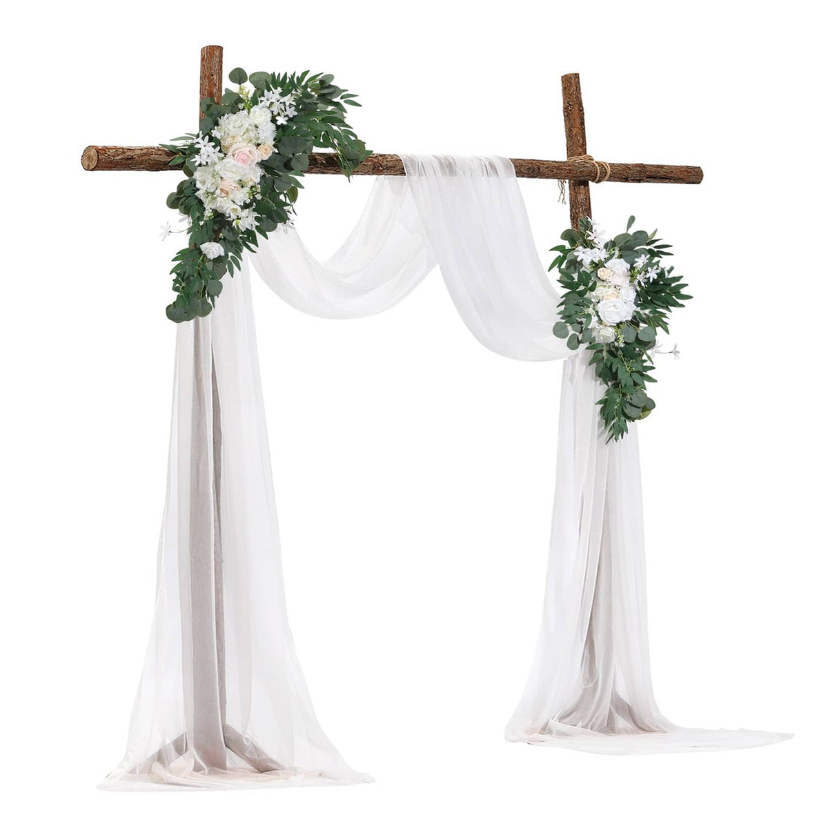 Artificial wedding arch flowers kit with wooden crossbar, white sheer drapes, leafy blooms
