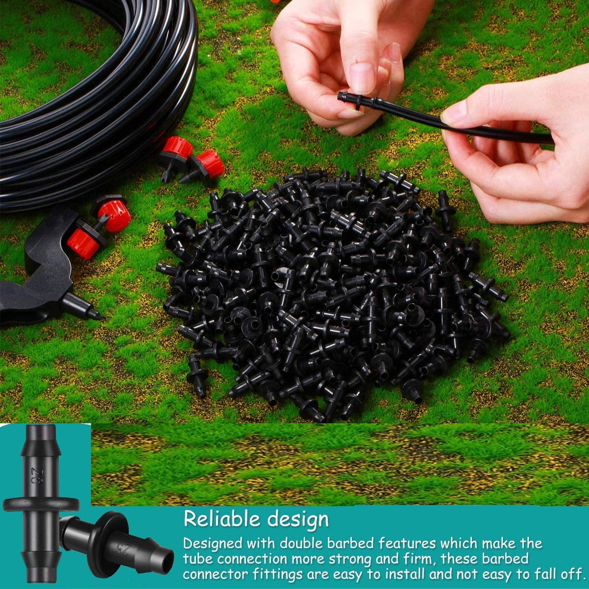 Hand inserting a black barbed irrigation connector into a drip tube line