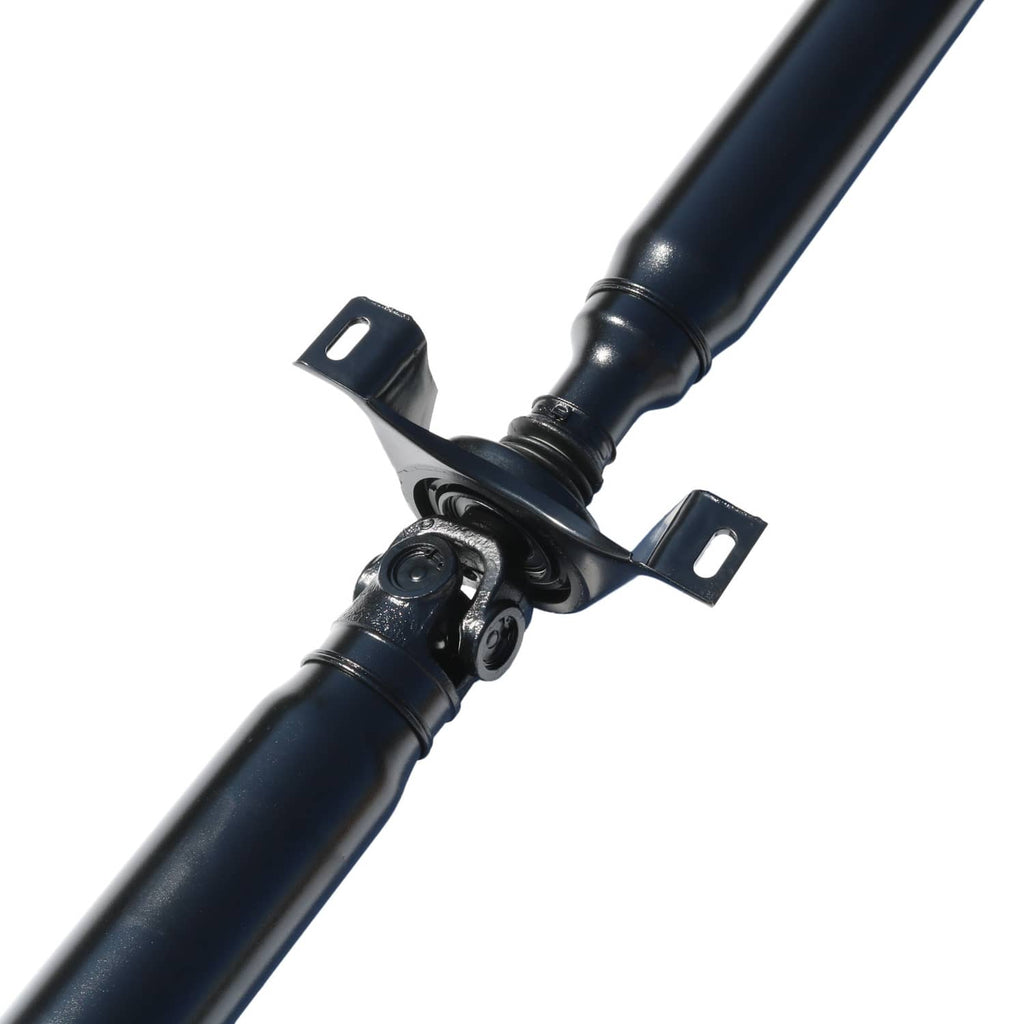 Rear drive shaft universal joint area with fork mounts on dark blue tube