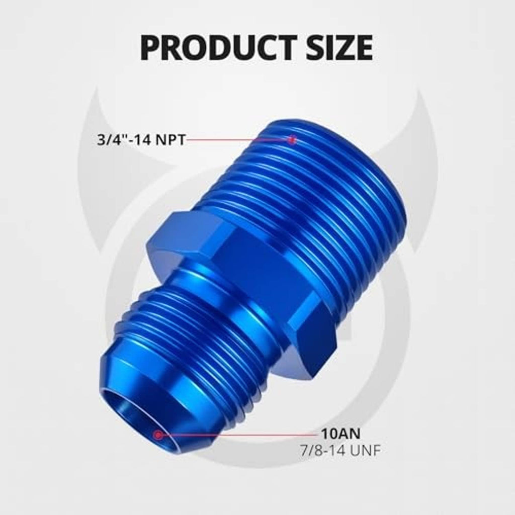 Blue straight AN-to-NPT flare adapter with two male threaded ends
