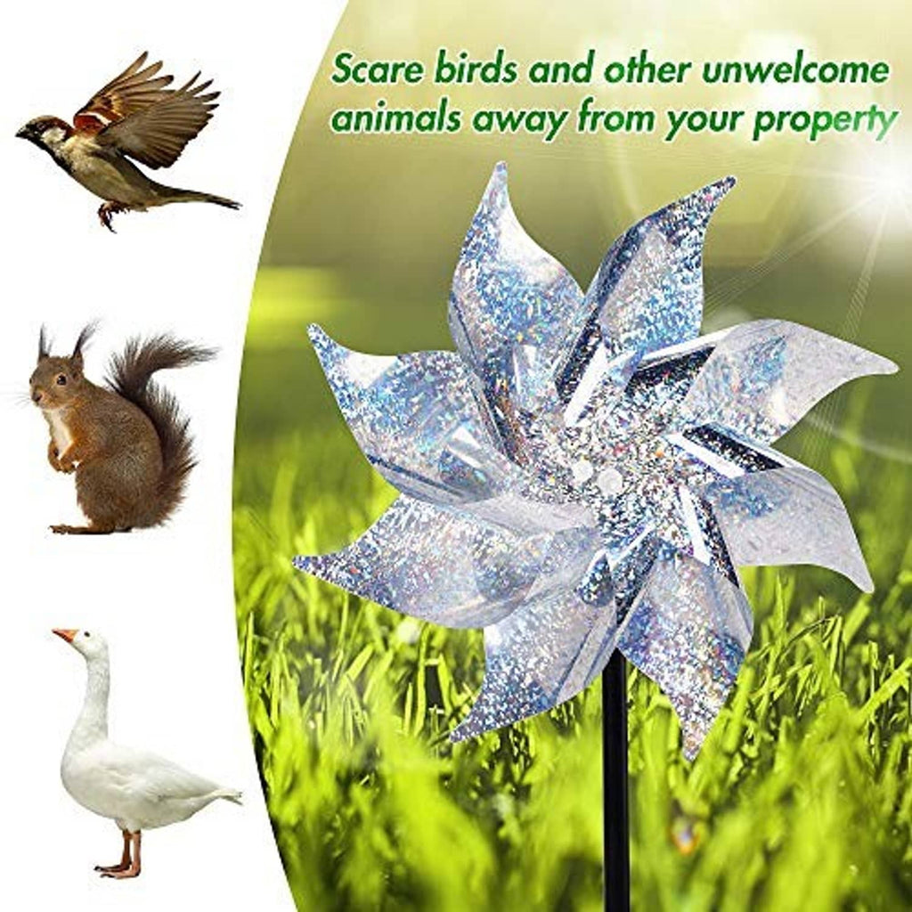 Silver reflective pinwheel on a black stake, holographic glitter star-shaped blades