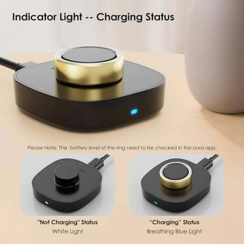 Black wireless charging base with gold ring contact and blue charging status light