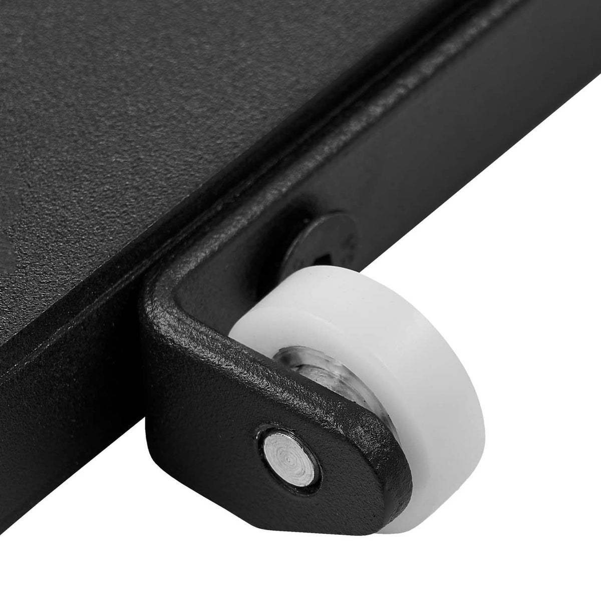 Vacuum stand corner mount with white wheel and black bracket for attachment