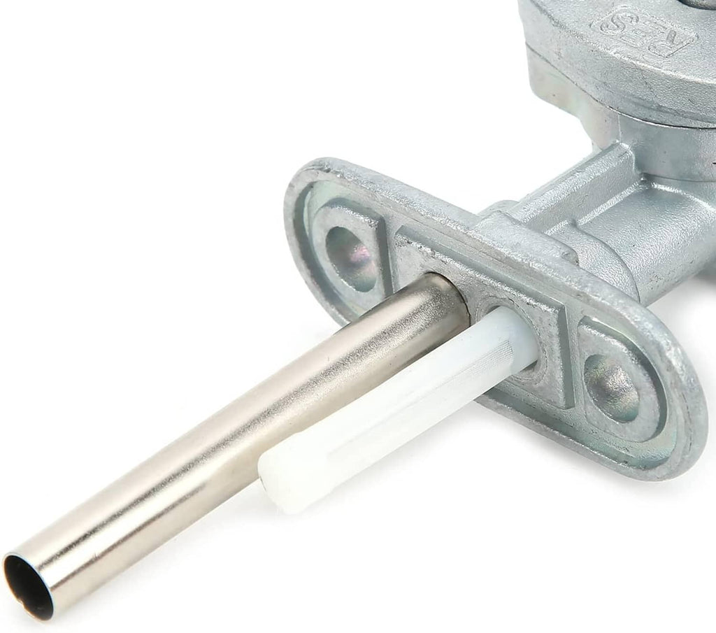 Fuel tank petcock valve with long white insulator lever and metal mounting bracket