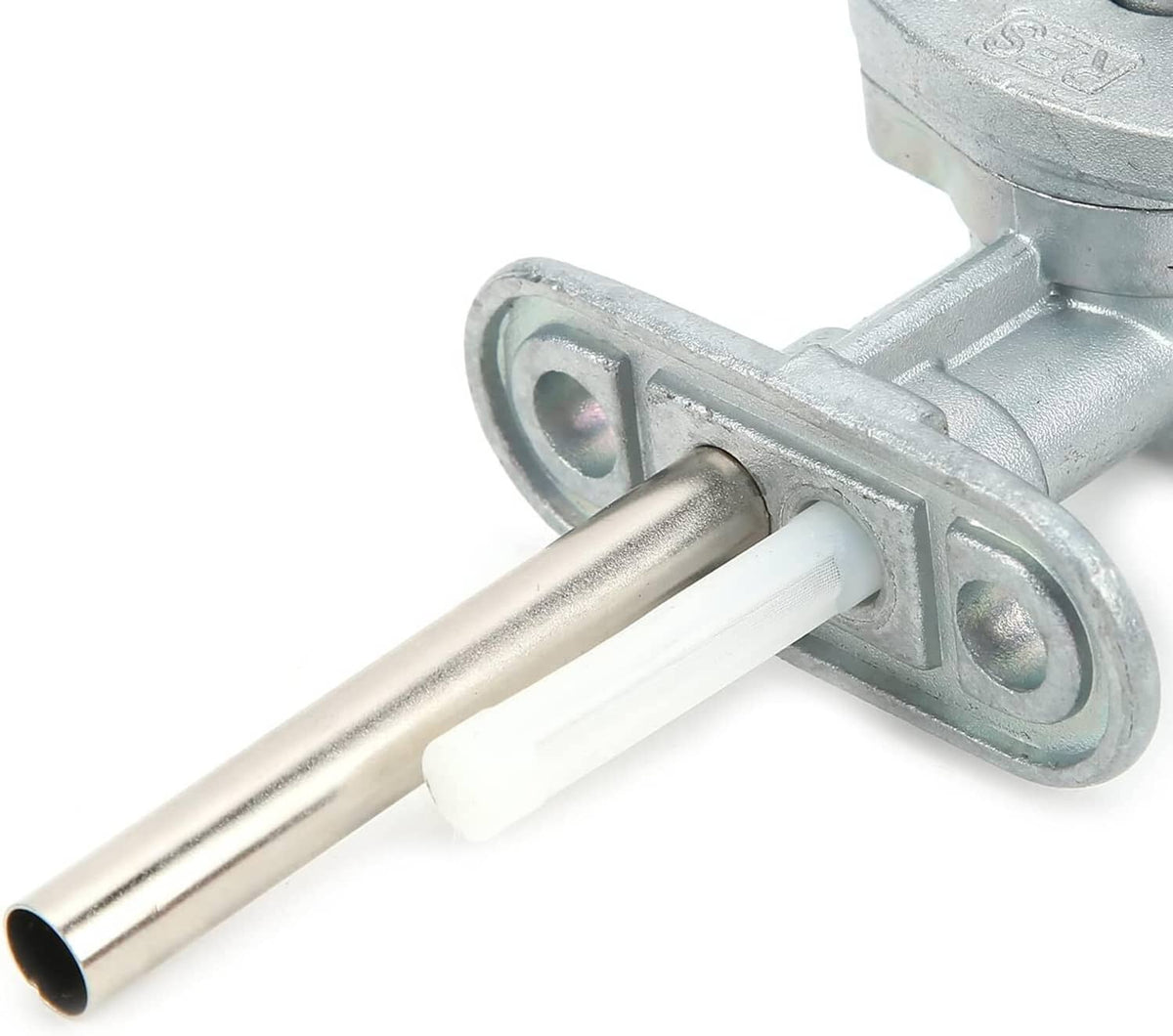 Fuel tank petcock valve with long white insulator lever and metal mounting bracket
