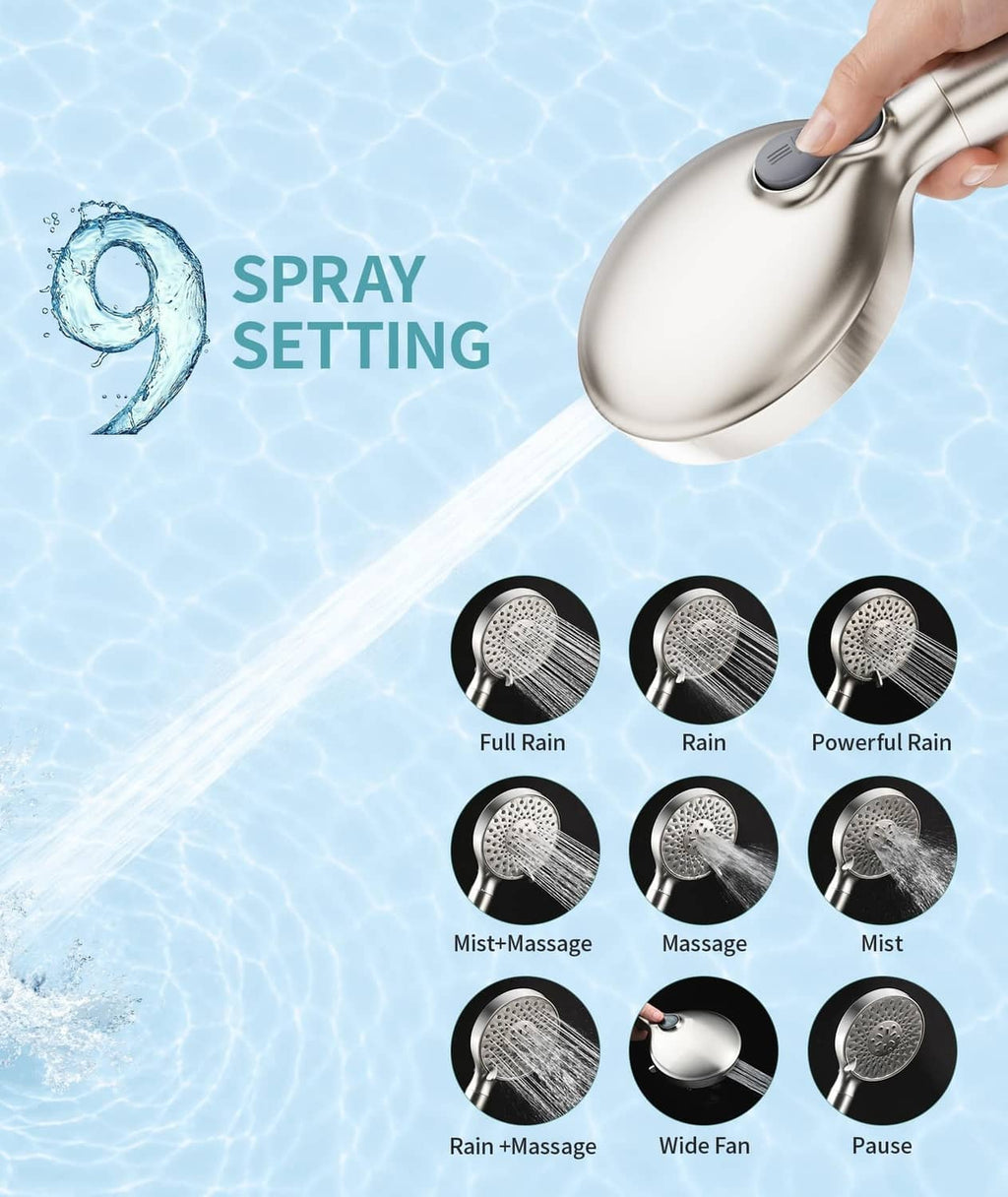 Brushed nickel handheld shower head with spray setting dial and multiple nozzle patterns