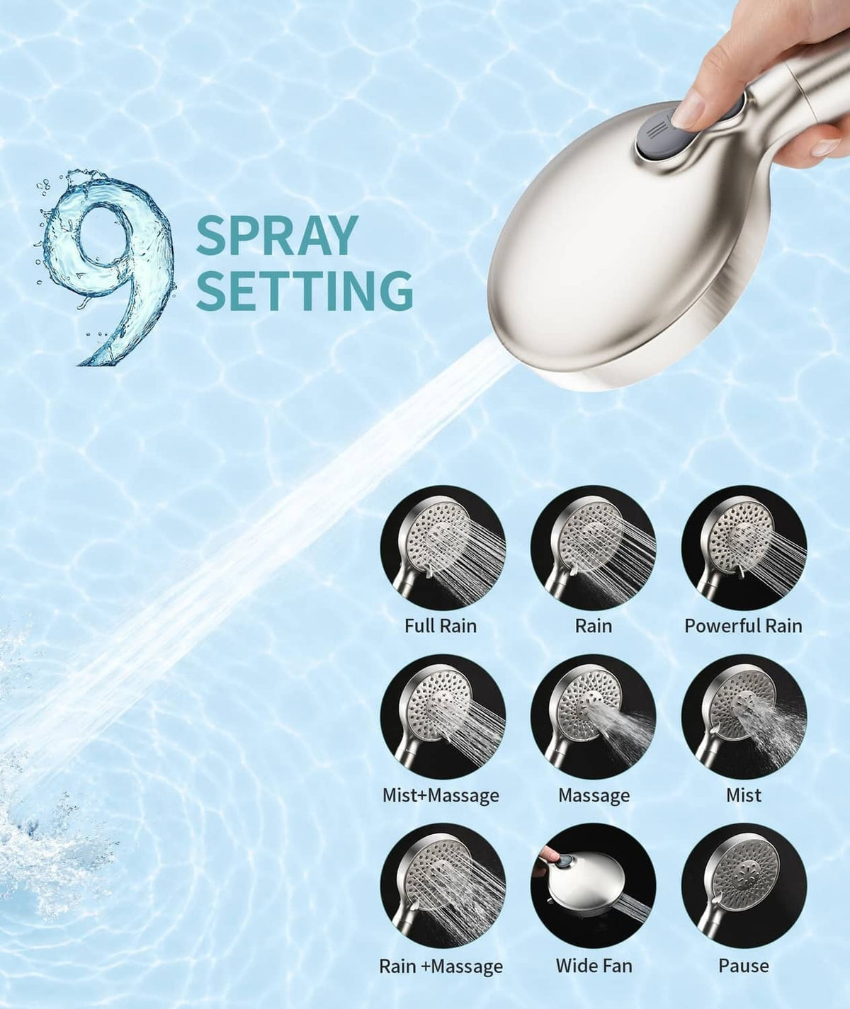 Brushed nickel handheld shower head with spray setting dial and multiple nozzle patterns