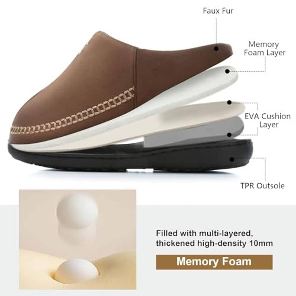 Coffee-brown slip-on moccasin slipper cross-section showing memory foam and EVA cushioning layers