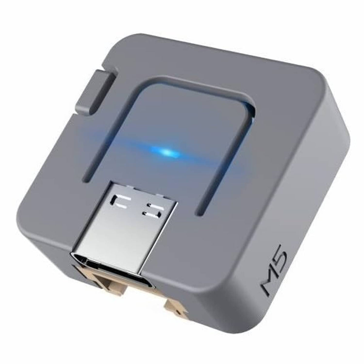 Grey ATOM Lite ESP32 module with USB-C port, angled view