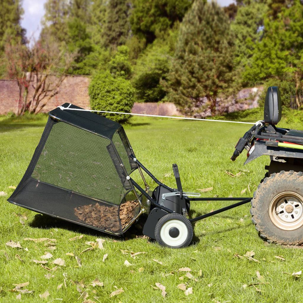 Tow-behind lawn leaf sweeper with black mesh hopper and adjustable frame
