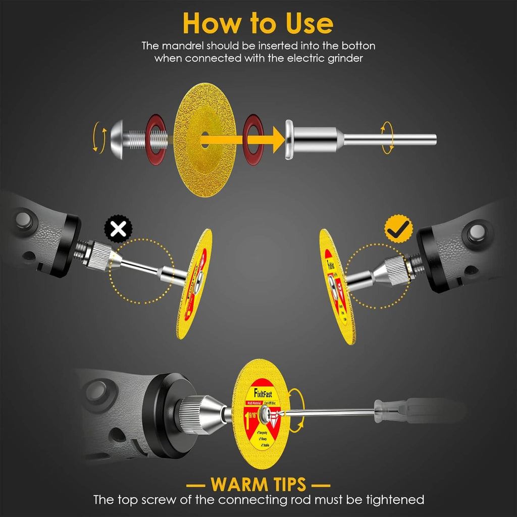 Angle grinder accessory showing yellow disc and mandrel inserted for cut-off
