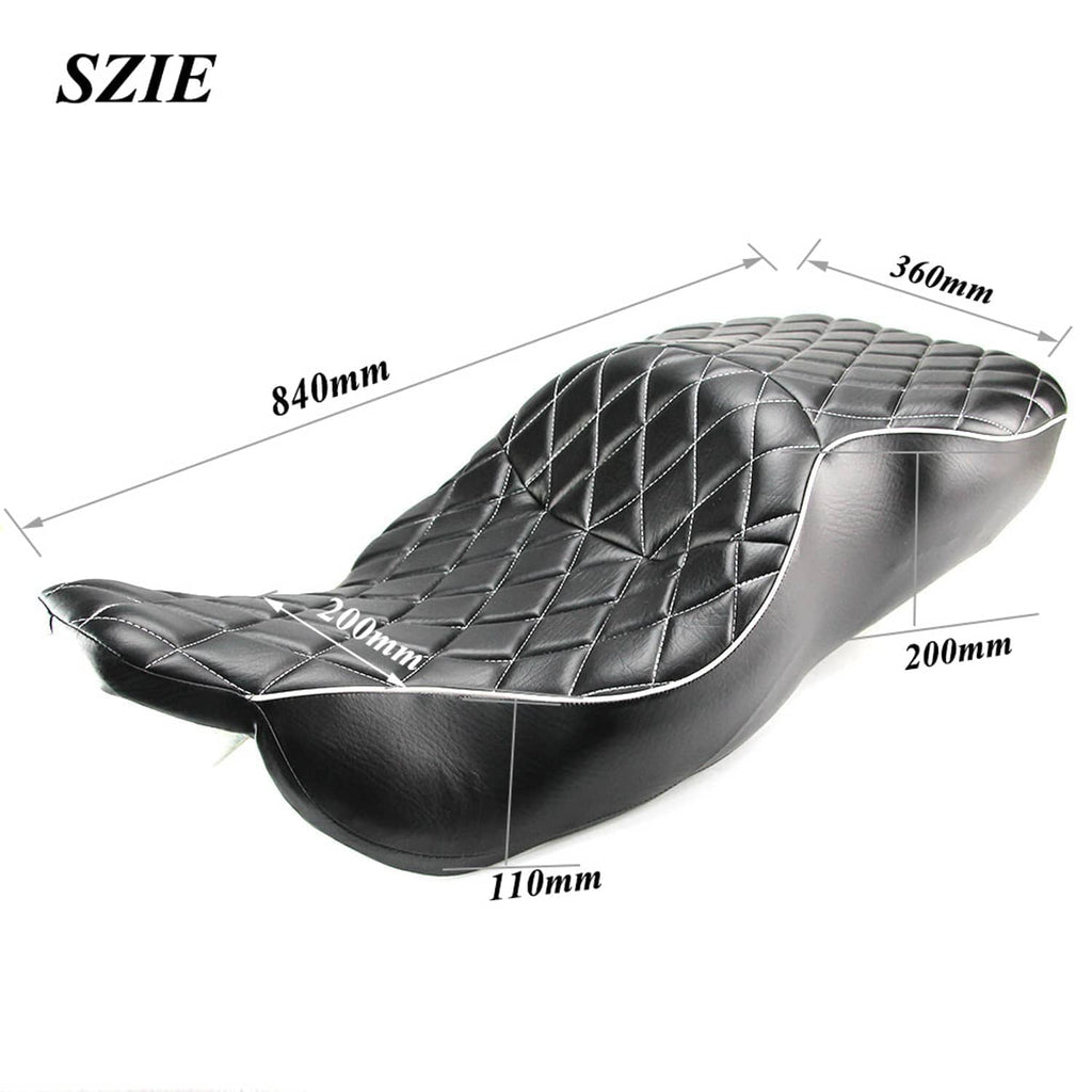 Black motorcycle seat with diamond quilt pattern, dimension diagram view