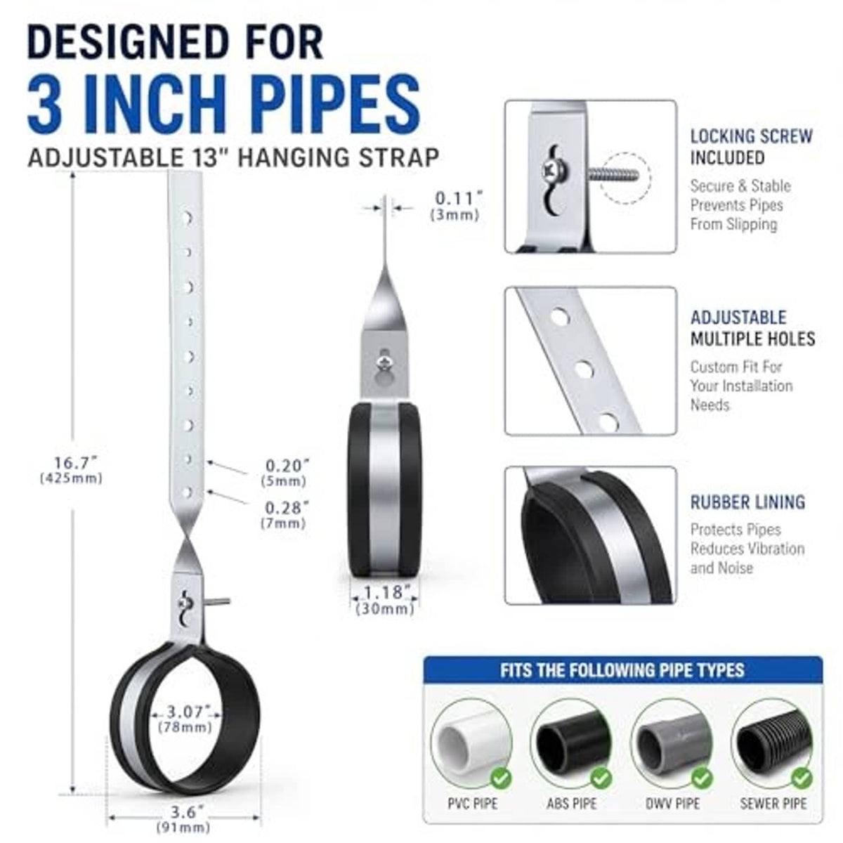 Adjustable 3-inch pipe hanger with black rubber-lined bracket and locking screw