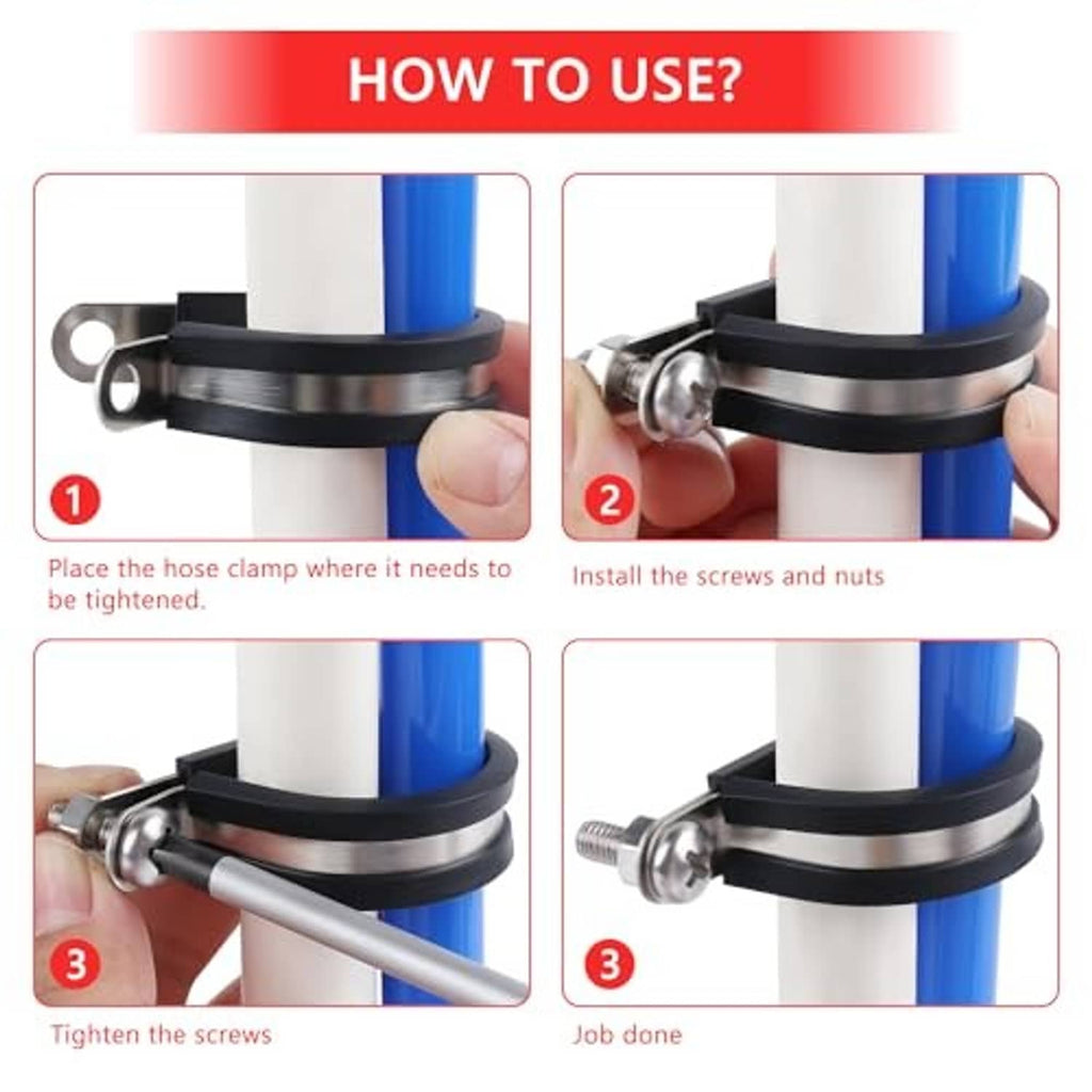 Cable clamp with black rubber lining, stainless steel strap and round mounting eye