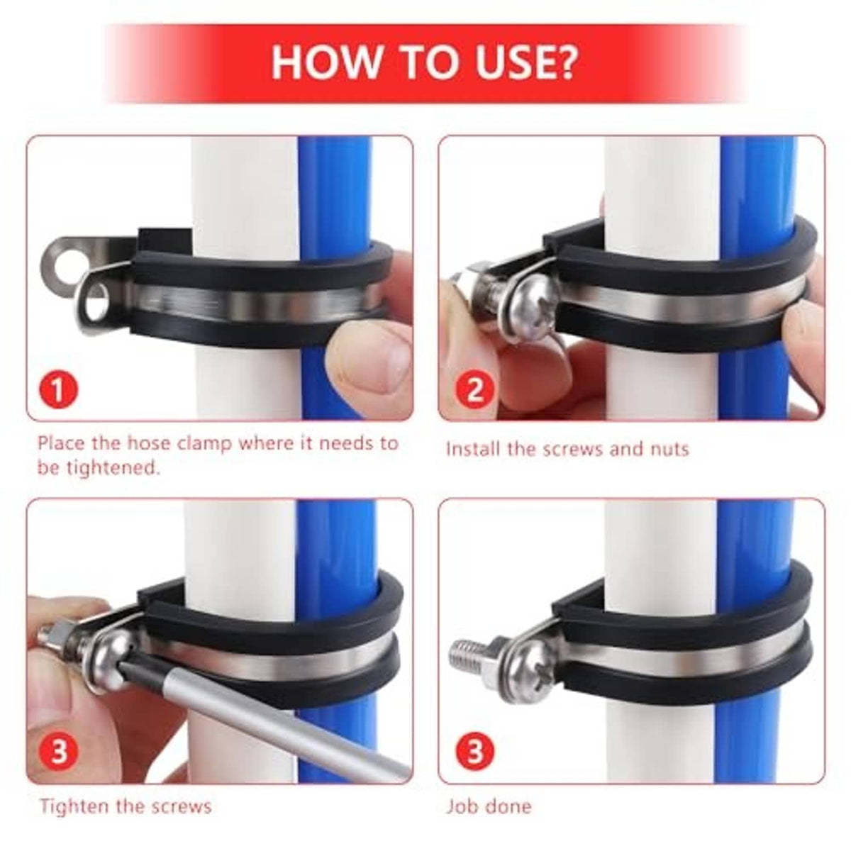 Cable clamp with black rubber lining, stainless steel strap and round mounting eye